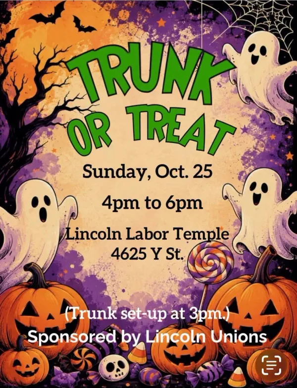 Graphic flier for Trunk or Treat at the Lincoln Labor Temple. 